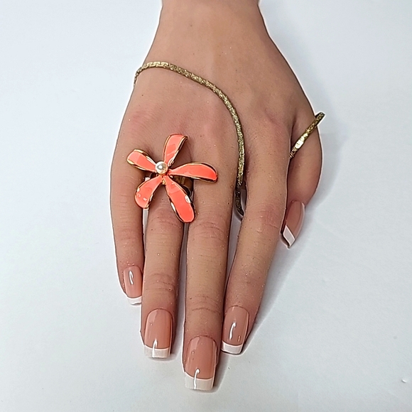 Large Flowered Custom Peach Ring W/Center Pearl & Gold Adj. Band OS - Picture 3 of 10